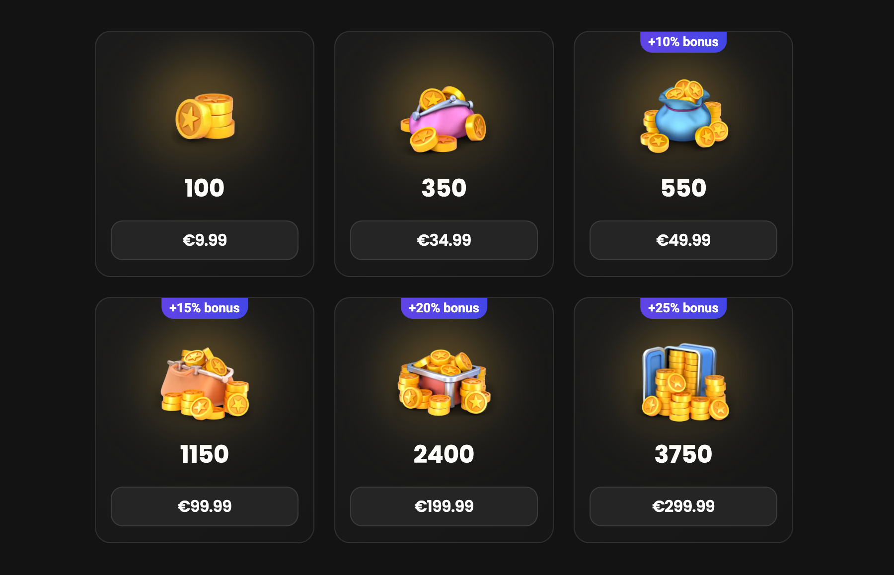 Token top-up pricing grid showing coin packages and euro prices