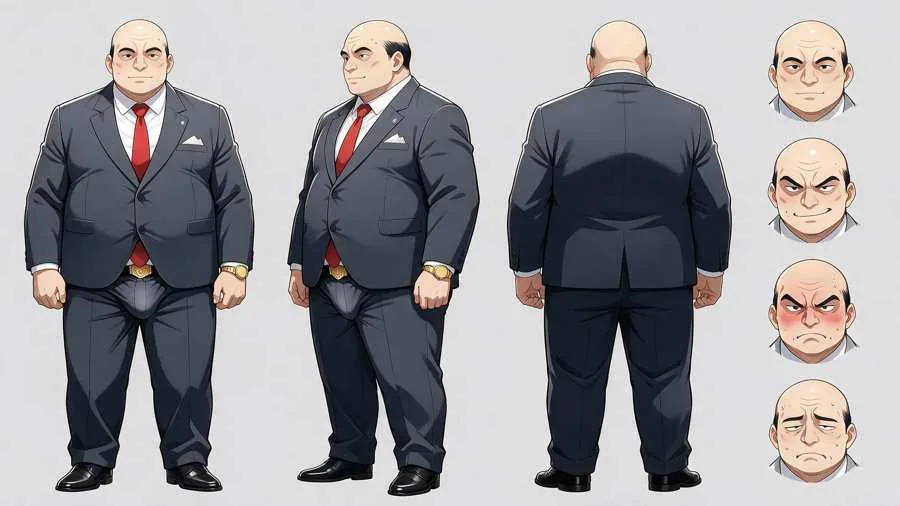 A character model sheet showing front, side and back views plus a row of facial expressions