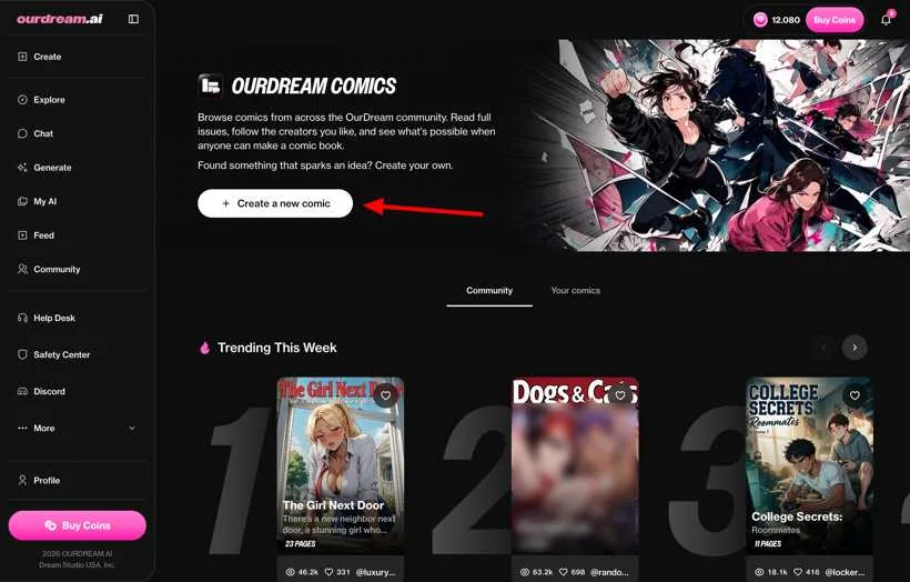 The OurDream Comics hub, with the Create a new comic button highlighted