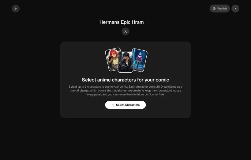 An empty new comic prompting you to select anime characters