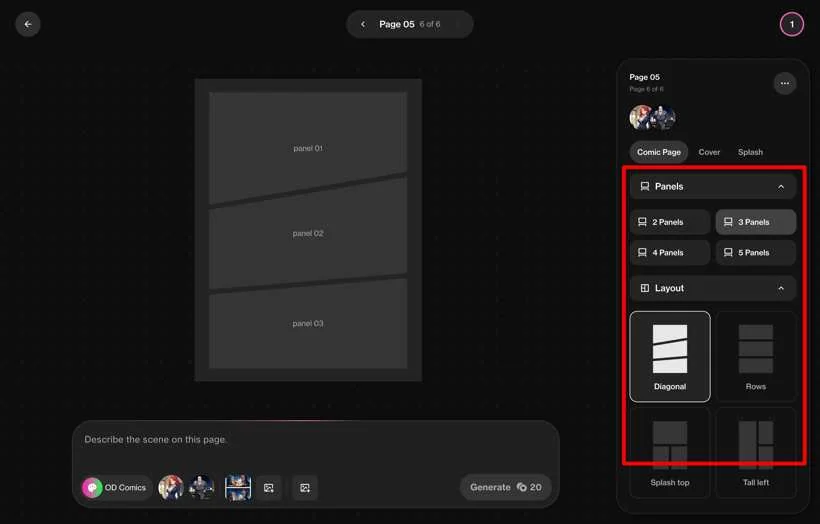 The panel count and layout picker open on a comic page