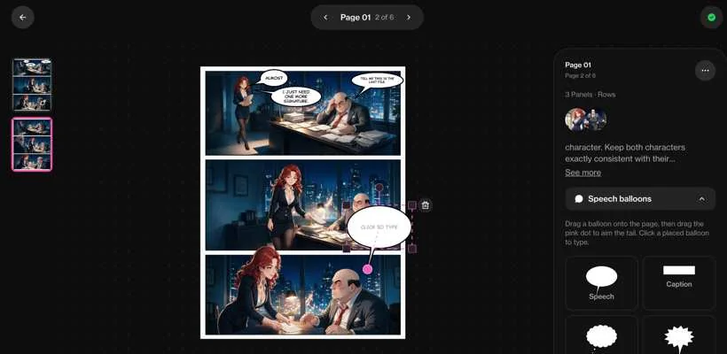 A generated comic page with speech balloons being placed